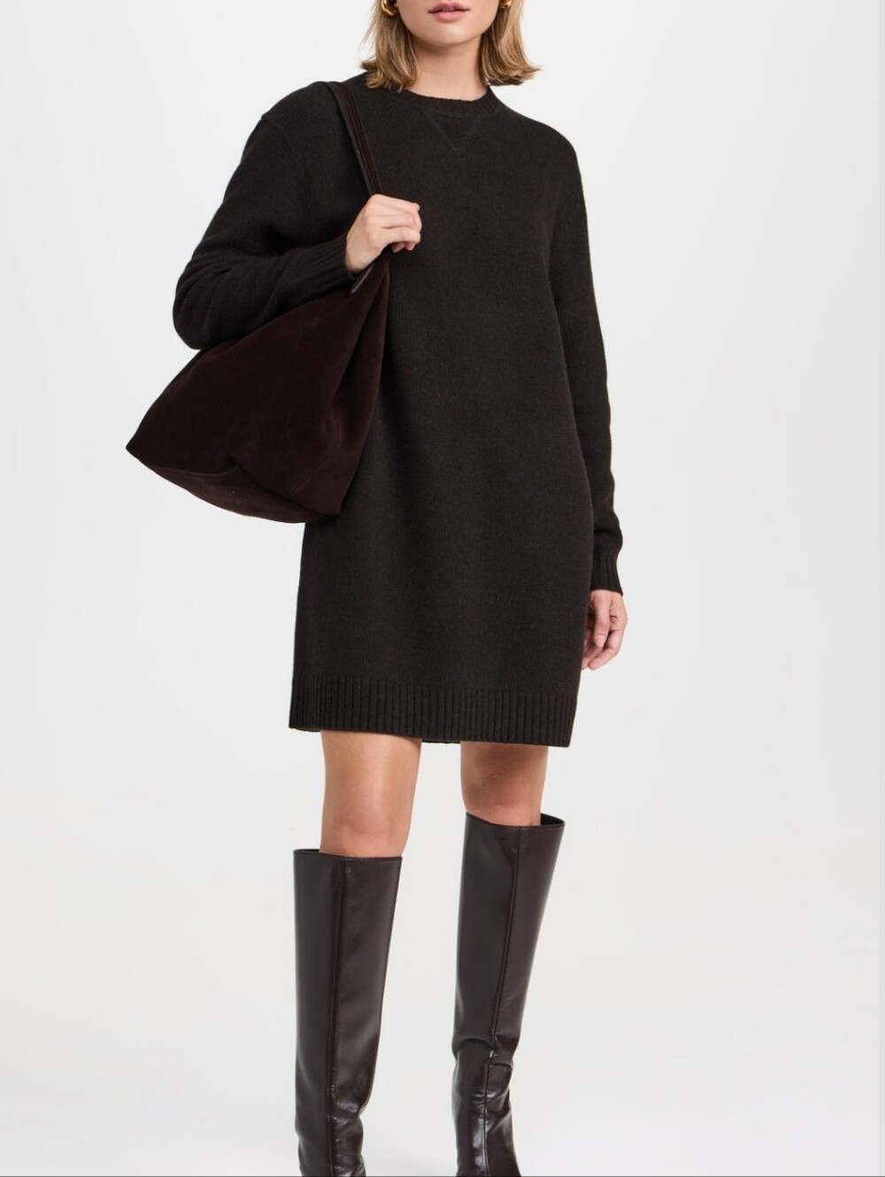 Theory Mink Brown Stretch Knit Wool Cashmere Long Sleeve Sweater Dress